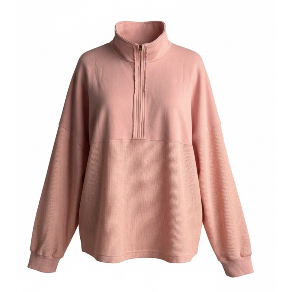 Shewin Women's Waffle Knit Pullover 3X Pink Half Zip Cozy Casual Lounge Plus - Picture 3 of 4